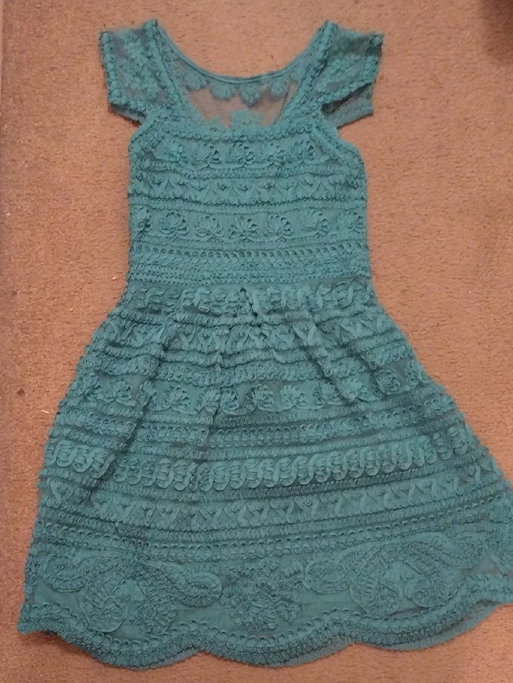 NWOT Anthropologie Yoana Baraschi Teal Lace Cap-Sleeve Mini Dress Sz 4 - Picture 4 of 4